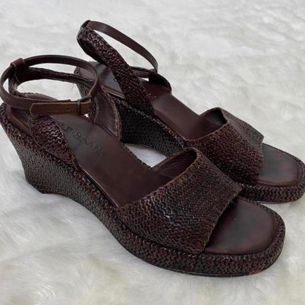 Vintage 90s woven brown leather platform heels by cole Haan.